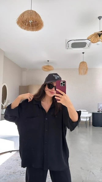 Kadın Flamlı Keten Tek Cep Oversızed Gömlek - Resim 2