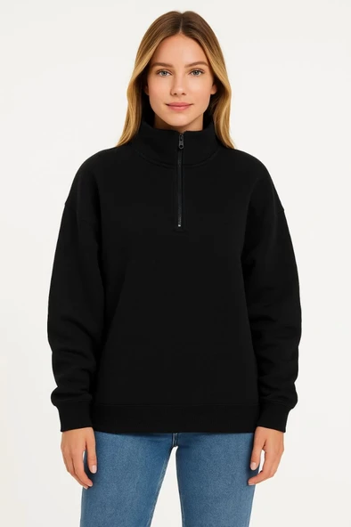 Üç İplik Dık Yaka Yarım Fermuarlı SweatShirt - Siyah - Resim 4