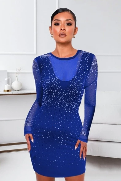 Kadın Uzun Kollu Yuvarlak Yaka Dekolteli Taşlı Dalgıç Elbise - Resim 4
