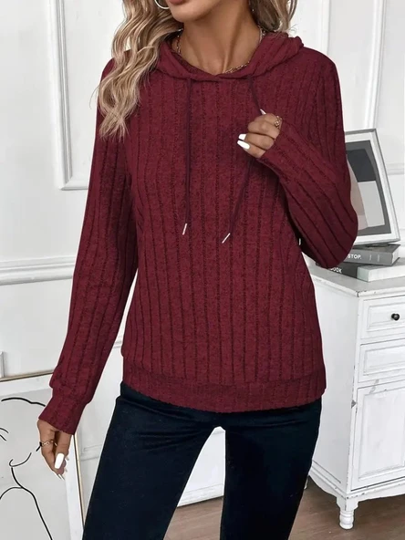 Kadın Uzun Kollu Kapşonlu Bağcıklı şardonlu Kaşkorse Bluz - Resim 5