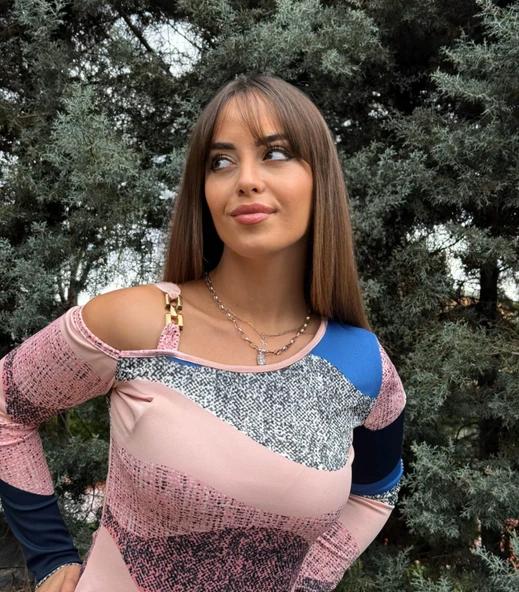 Kadın Uzun Kollu Tek Omuzu Askı Toka Detaylı Kısa Dalgıç Elbise - Resim 5