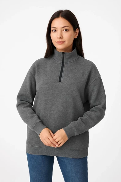 Üç İplik Dık Yaka Yarım Fermuarlı SweatShirt - Antrasit - Resim 2