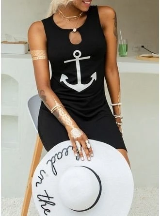 Kadın Kolsuz Halka Detay çıpa Baskılı Viskon Elbise - Resim 5