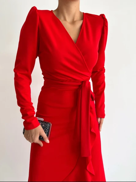 Krep Kumaş Midi Boy Kuşaklı Uzunkol Elbise - Resim 11