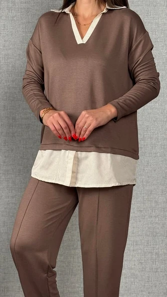 Polo Yaka Gömlek Detay Salaş Balon Pantolunlu ıkılı Takım - Resim 7