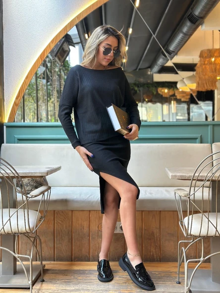 Kadın Uzun Kollu Düşük Omuz Yırtmaç Detay Kaşkorse Etek Bluz Ikili Takım - Resim 4