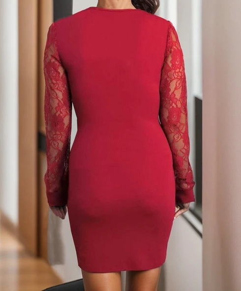 Kadın Uzun Kollu Kruvaze Yaka Beli Düğme Detay Krep Elbise - Resim 5