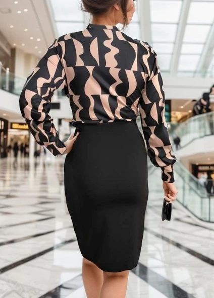 Kadın Uzun Kollu Kruvaze Yaka Dijital Baskılı Fiyonk Detay Atlas Kumaş Elbise - Resim 5