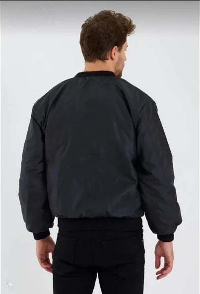 Erkek Düz Bomber Ceket - Siyah - Resim 3