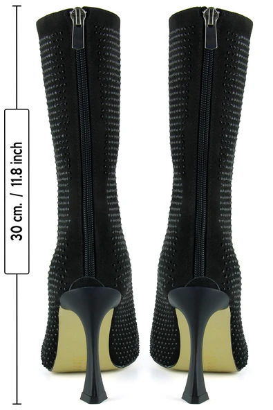 Erkan Saçmacı Nell Siyah Süet Taşlı Sivri Burun Fermuarlı İnce Topuklu Abiye Yarım Çizme - 4