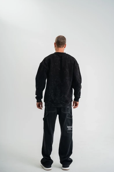 Unisex Bisiklet Yaka Özel Pis Dikişli Yıkamalı SweatShirt - Siyah - Resim 3