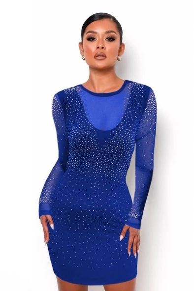 Kadın Uzun Kollu Yuvarlak Yaka Dekolteli Taşlı Dalgıç Elbise - Resim 5