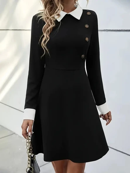 Kadın Uzun Kollu Yakalı A Kesim Kısa Ithal Krep Elbise - Resim 7