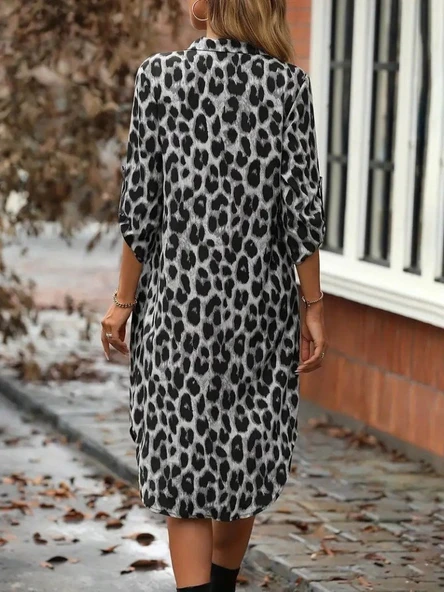 Kadın Uzun Kollu Yakalı önden Düğmeli Leopar Desenli Modal Midi Elbise - Resim 4