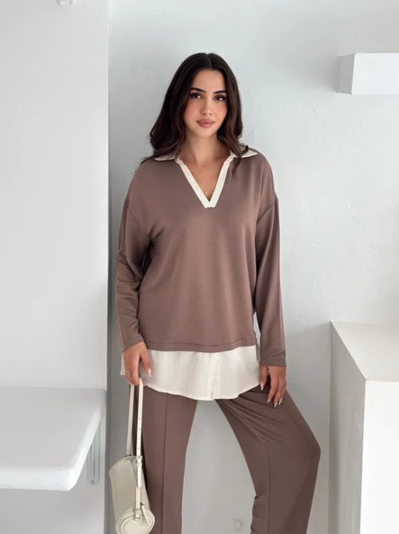 Polo Yaka Gömlek Detay Salaş Balon Pantolunlu ıkılı Takım ürün görseli