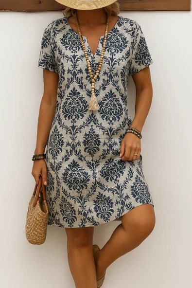 Kadın Kısa Kollu çentik Yaka çiçek Desenli Keten Elbise ürün görseli