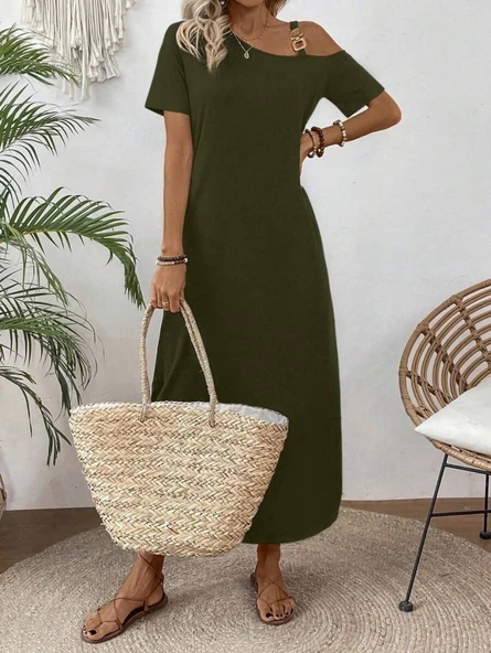 Kadın Tek Omuzdan Açık Toka Detaylı Yandan Yırtmaçlı Maksi Boy Viskon Elbise - Resim 3