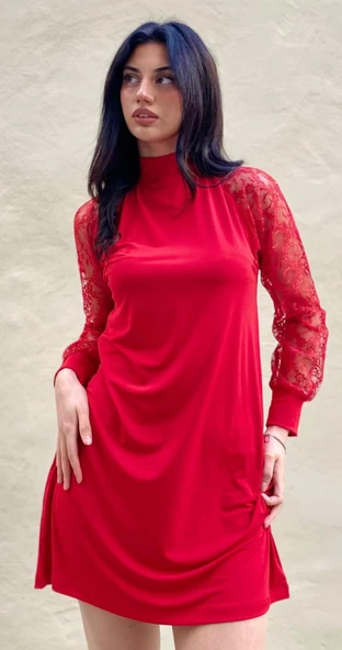 Kadın Uzun Kollu Damla Detaylı Sandy Mini Elbise - Resim 5