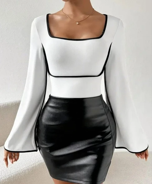 Kadın U Yaka Siyah şerit Detyalı Yarasa Kol Dalgıç Kumaş Arabiyeli Bluz - Resim 2