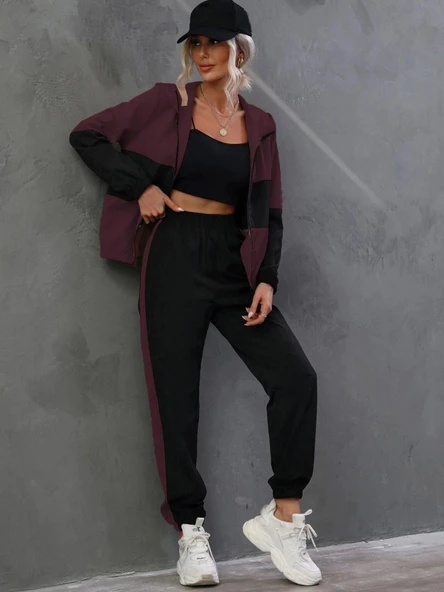 Kadın Uzun Kollu Kapşonlu önden Fermuarlı Viskon Iki Iplik Bluz Ve Pantolon Ikili Takım - Resim 2