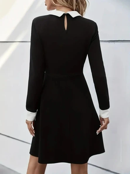 Kadın Uzun Kollu Yakalı Düğmeli Kısa Modal Mini Elbise - Resim 4