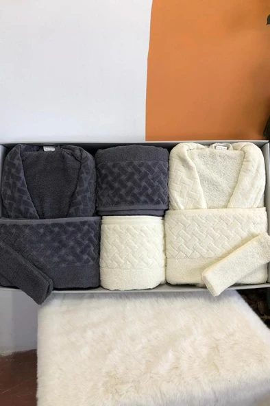 Şazeli 8 Parça Aile Bornoz Takımı Krem Antrasit