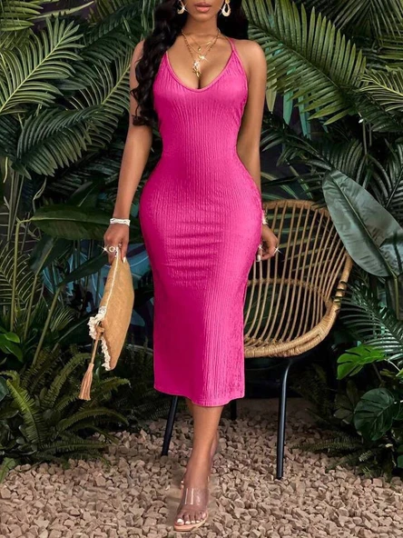 Kadın V Yaka Sırt Dekolte Detaylı Askılı Midi Boy Elbise - Resim 3