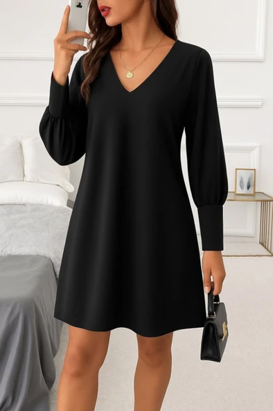 Kadın Uzun Kollu V Yakalı Kısa Ithal Krep Elbise - Resim 8