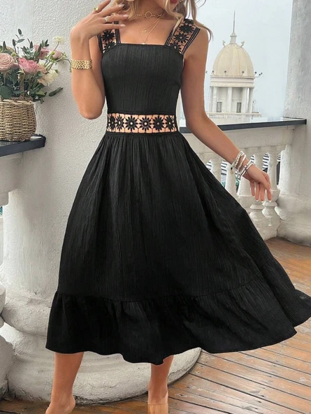 Kadın Askılı Ve Beli Dantel Detaylı Fırfırlı Uzun Bürümcük Elbise - Resim 6