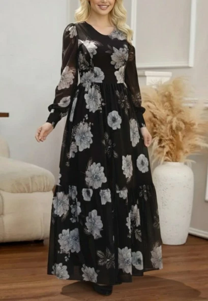 Kadın Uzun Kollu V Yakalı çiçek Desenli Maxi Süprem Elbise - Resim 7