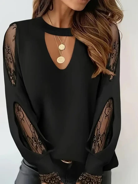 Kadın Uzun Kollu Damla Detaylı Viskon Iki Iplik Bluz - Resim 4