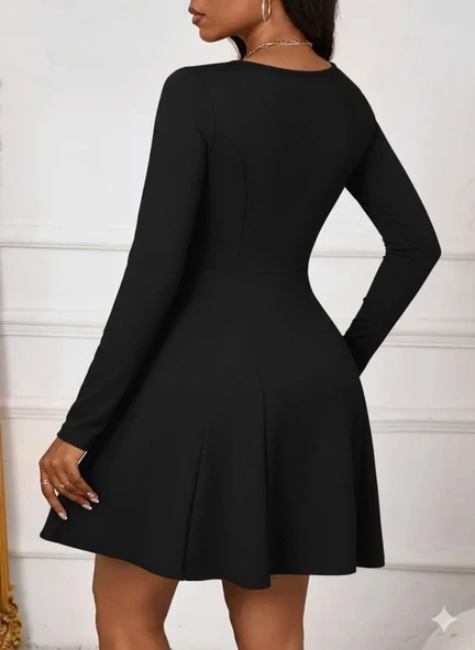 Kadın Uzun Kollu Kare Yakalı Mini Ithal Krep Elbise - Resim 3