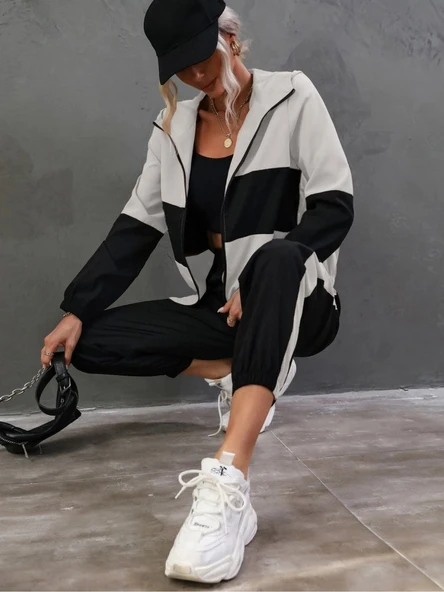 Kadın Uzun Kollu Kapşonlu önden Fermuarlı Viskon Iki Iplik Bluz Ve Pantolon Ikili Takım ürün görseli