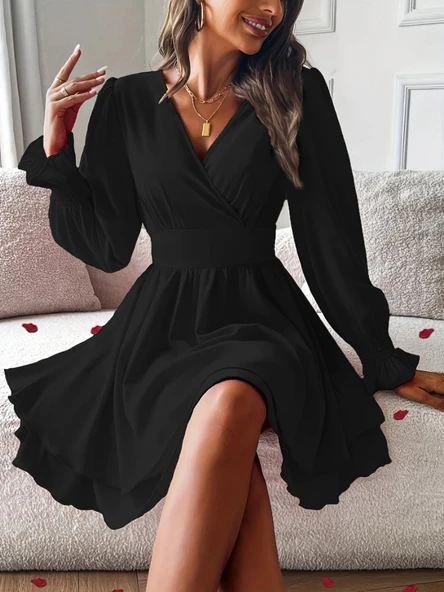 Kadın Uzun Kollu Kruvaze Yakalı Mini Sandy Elbise ürün görseli