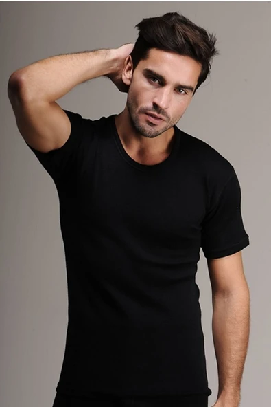 Hasyün Siyah Erkek Gerçek Yün Kısa Kol Fanila İçlik