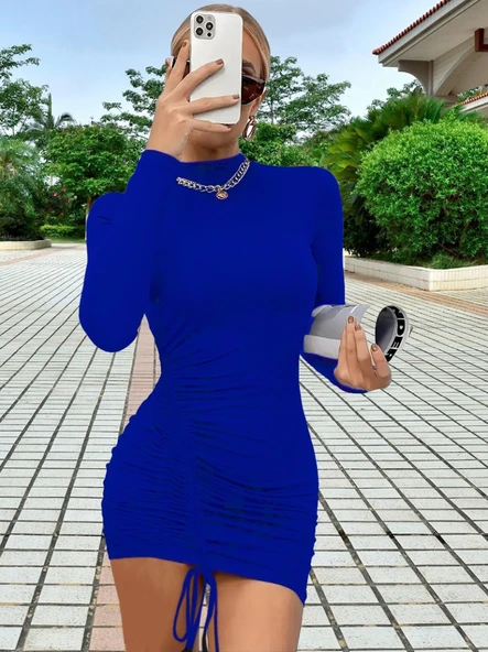 Kadın Uzun Kollu Sağ Belden Sol Etek Ucuna Doğru Hafif çapraz Büzgülü Sandy Mini Boy Elbise - Resim 4