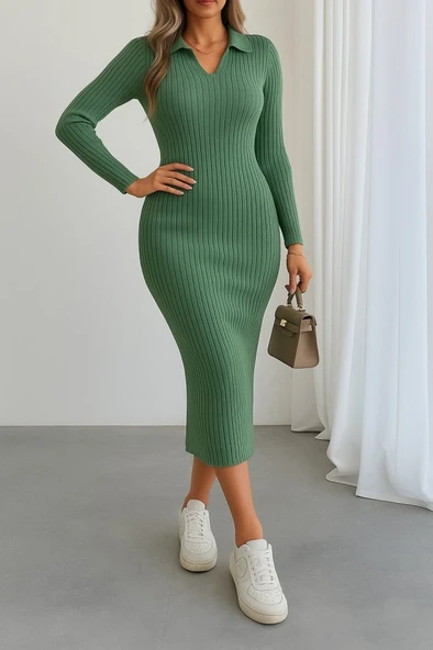 Kadın Uzun Kollu Yakalı Triko Elbise - Resim 3