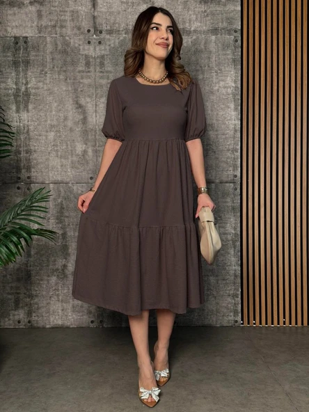 Kadın Kısa Kollu Yakası Açık Katlı Bürümcük Balon Elbise - Resim 2