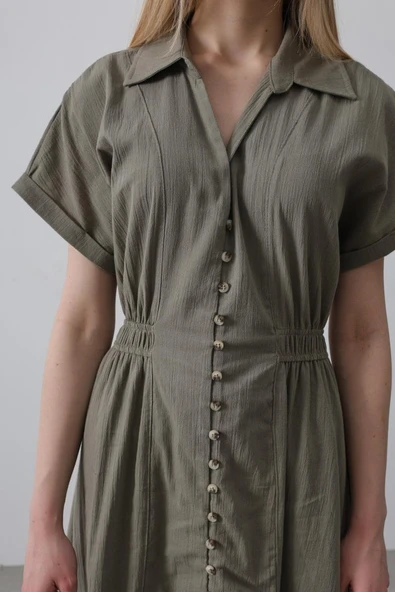 Önü Düğmeli Kısa Kol Elbise - Haki - Resim 4