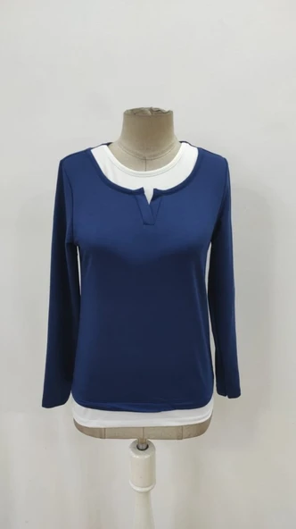 Kadın Uzun Kollu V Yakalı çift Renkli Viskon Iki Iplik Bluz - Resim 6