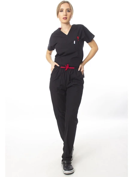 Cerrahi Doktor Scrubs Hemşire Forması Siyah Takım Terrycoton