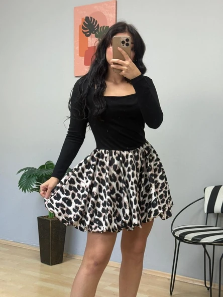 Kadın Uzun Kollu Kare Yaka Mini Balon Modal Elbise - Resim 5