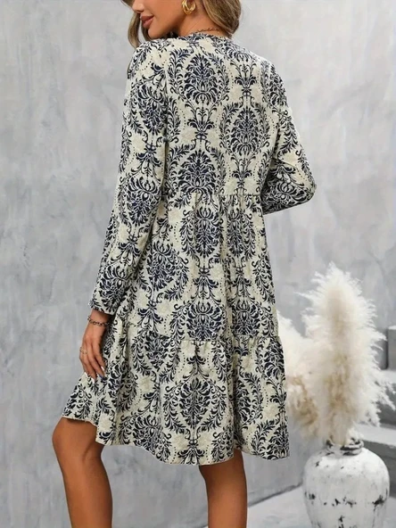 Kadın Uzun Kollu V Yakalı Fırfırlı Mini Süprem Elbise - Resim 5