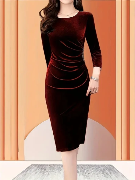 Kadın Uzun Kollu Bot Yaka Yanı Taş Detaylı Midi Kadife Elbise - Resim 3