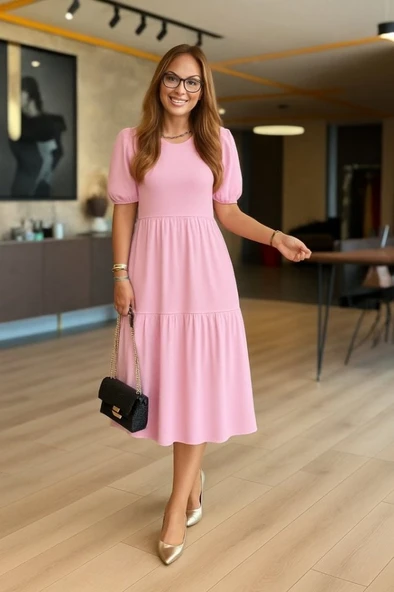 Kadın Kısa Kollu Yakası Açık Katlı Bürümcük Balon Elbise ürün görseli