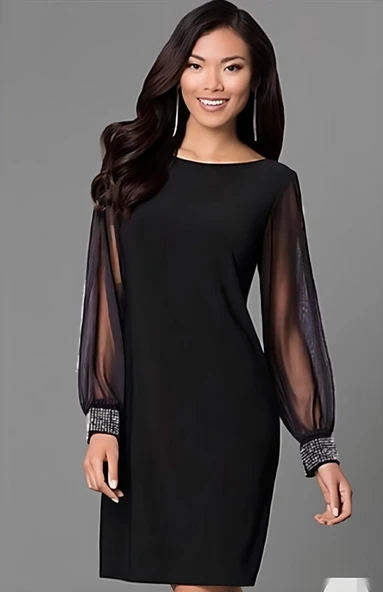 Kadın Uzun Kollu Yakası Yanlardan Hafif Açık Kollar Tül Ve Taş Detay Kısa Krep Elbise ürün görseli