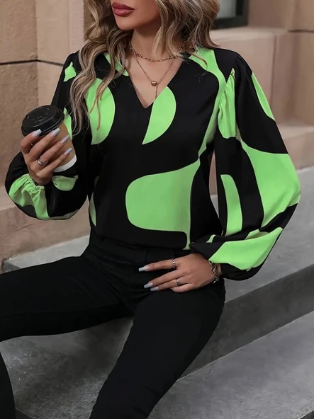 Kadın Uzun Kollu V Yakalı Desenli Modal Bluz - Resim 3