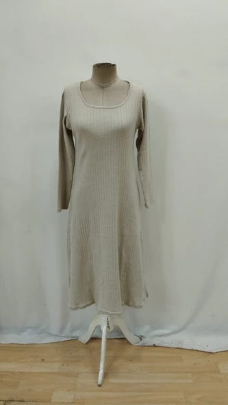 Kadın Uzun Kollu Kare Yaka Midi Kaşkorse Elbise - Resim 4