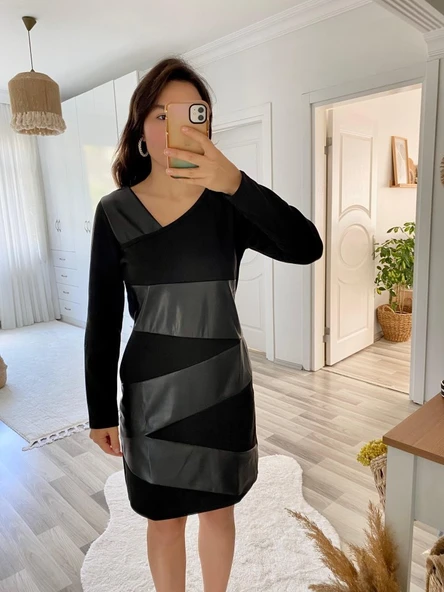 Kadın Uzun Kollu Asimetrik Yaka Süet Ve Deri Mini Boy Elbise - Resim 10