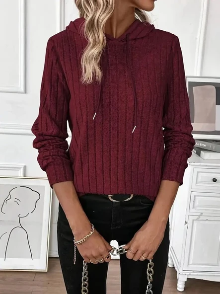 Kadın Uzun Kollu Kapşonlu Bağcıklı şardonlu Kaşkorse Bluz - Resim 3